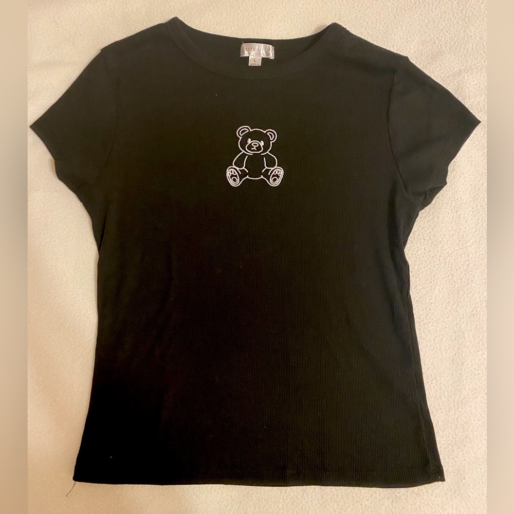 Y2K Black Embroidered Teddy Bear Baby Tee